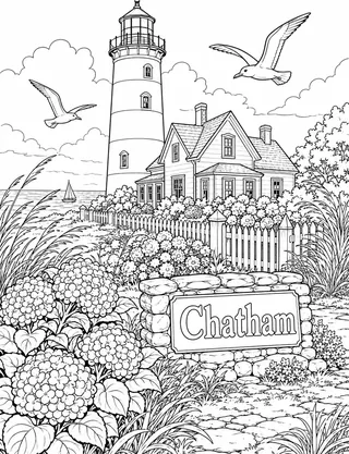 Detailed coloring page of Chatham Light featuring Chatham sign