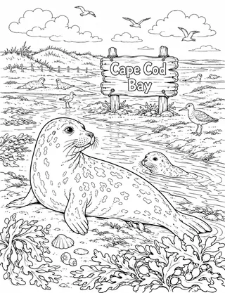Detailed coloring page of Atlantic Harbor Seal featuring Cape Cod Bay sign