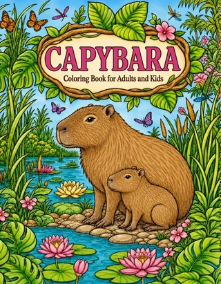 Capybara Coloring Book for Adults cover illustration by Louisa May Carson