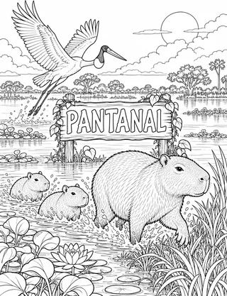Pantanal Capybara coloring page with detailed line art