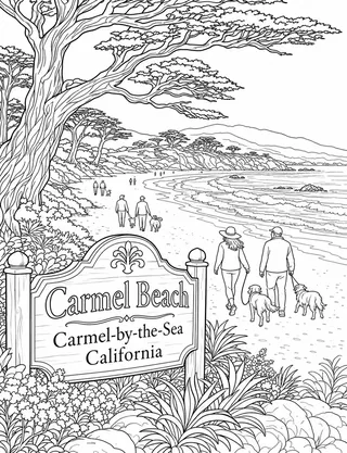 Detailed coloring page of Carmel Beach White Sands & Cypress Trees featuring Carmel Beach Carmel-by-the-Sea California sign