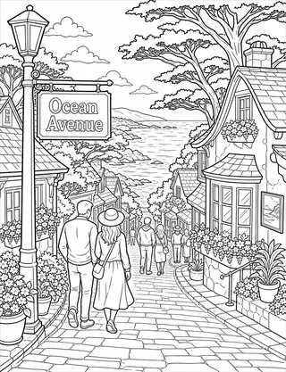 Detailed coloring page of Ocean Avenue Boutique Streetscape featuring Ocean Avenue sign