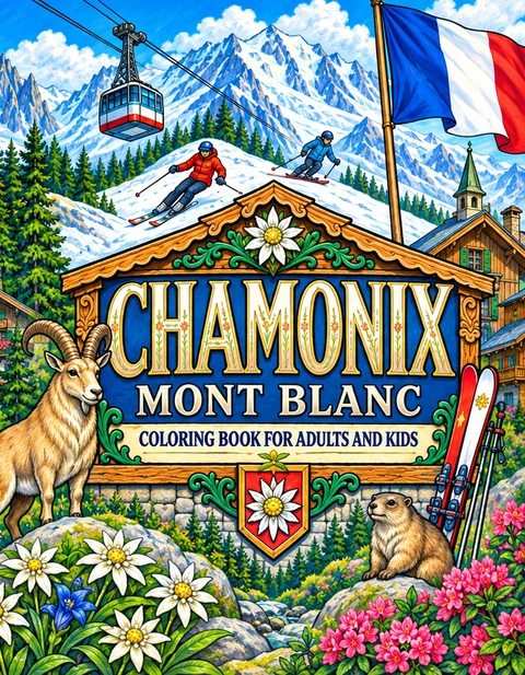 Chamonix Coloring Book for Adults cover illustration by Louisa May Carson