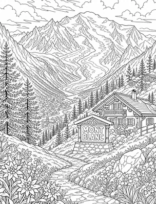 Detailed coloring page of Historic Chamonix Alpine Village