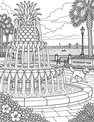 Detailed coloring page of Pineapple Fountain Waterfront Park featuring Waterfront Park sign