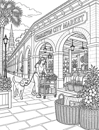 Charleston City Market coloring page with detailed line art