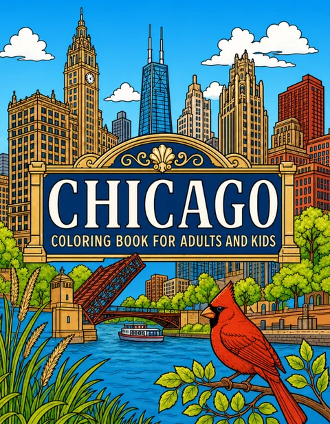 Chicago Coloring Book for Adults cover illustration by Louisa May Carson