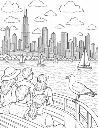 Detailed coloring page of Chicago Riverwalk