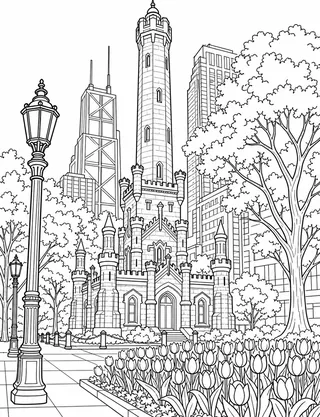 Detailed coloring page of Soaring Willis Tower and Lakefront Skyline
