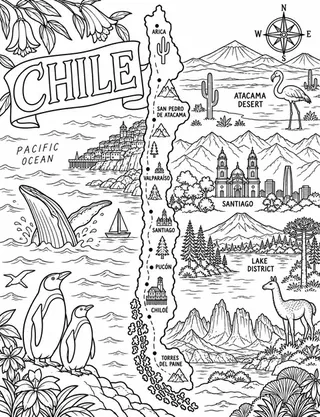 Illustrated travel map of Chile landmarks and attractions