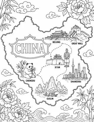 Illustrated travel map of China landmarks and attractions