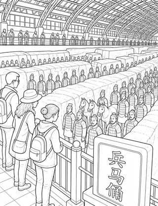 Detailed coloring page of Terracotta Warriors In Xi’An featuring 兵马俑 sign