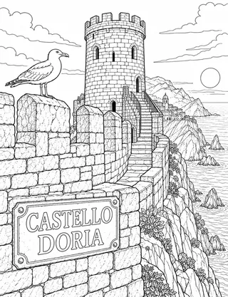 Detailed coloring page of Castello Doria watchtower Vernazza featuring Castello Doria sign