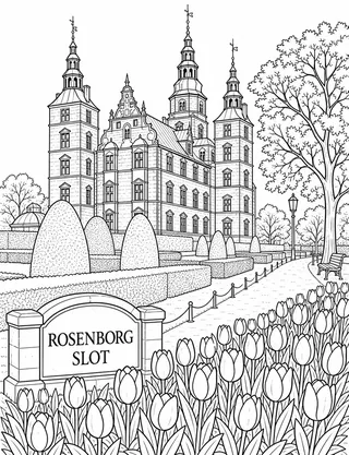 Detailed coloring page of Rosenborg Castle and King’s Garden featuring Rosenborg Slot sign