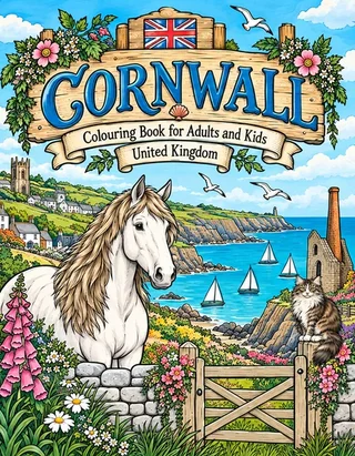 Cornwall Coloring Book for Adults cover illustration by Louisa May Carson