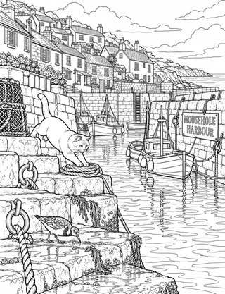Detailed colouring page of Mousehole Harbour Village featuring Mousehole Harbour sign