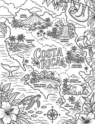 Illustrated travel map of Costa Rica landmarks and attractions