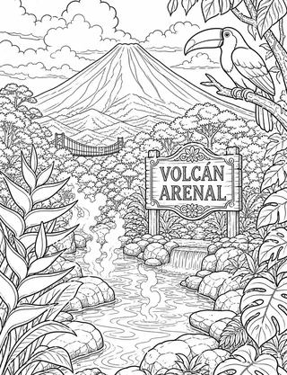 Detailed coloring page of Arenal Volcano and hot-spring river overlook featuring Volcán Arenal sign