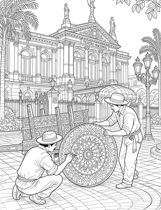Detailed coloring page of San José National Theatre and ox-cart artistry featuring Teatro Nacional sign
