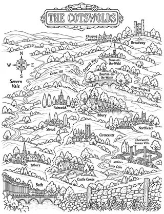 Illustrated travel map of Cotswolds landmarks and attractions