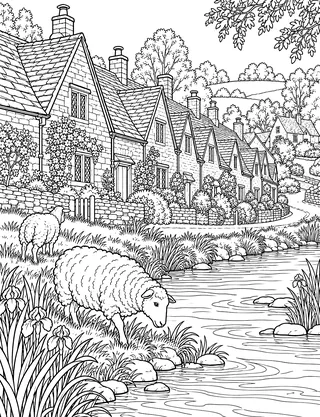 Detailed colouring page of Arlington Row Bibury riverbank