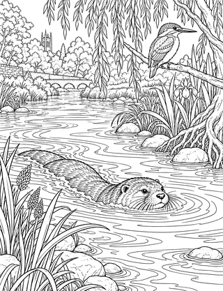 Detailed colouring page of River Churn otter and kingfisher