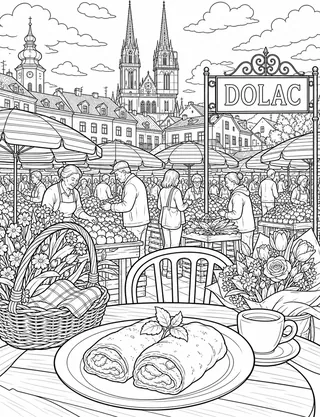 Detailed coloring page of Pula Roman amphitheater featuring Arena Pula sign