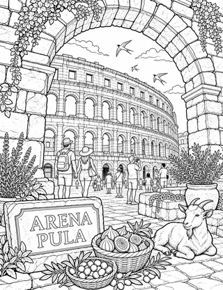 Detailed coloring page of Dubrovnik city walls at sunset viewpoint featuring Dubrovnik sign