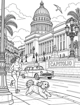Detailed coloring page of El Capitolio and Havana Boulevard featuring Capitolio sign
