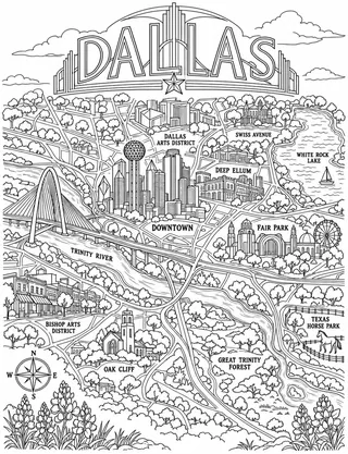 Illustrated travel map of Dallas landmarks and attractions