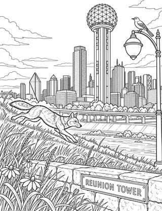 Detailed coloring page of Reunion Tower Skyline