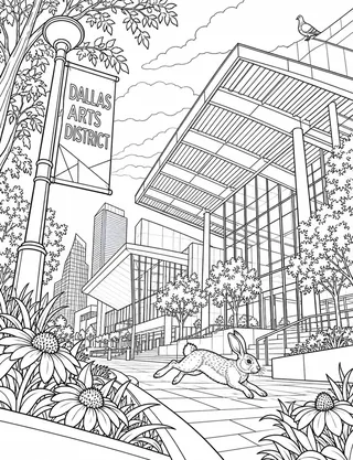 Detailed coloring page of Dallas Arts District Streetscape featuring Dallas Arts District sign