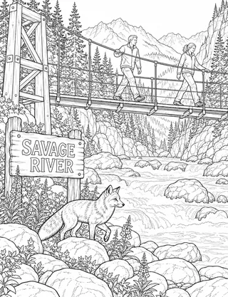 Detailed coloring page of Savage River suspension footbridge featuring Savage River sign