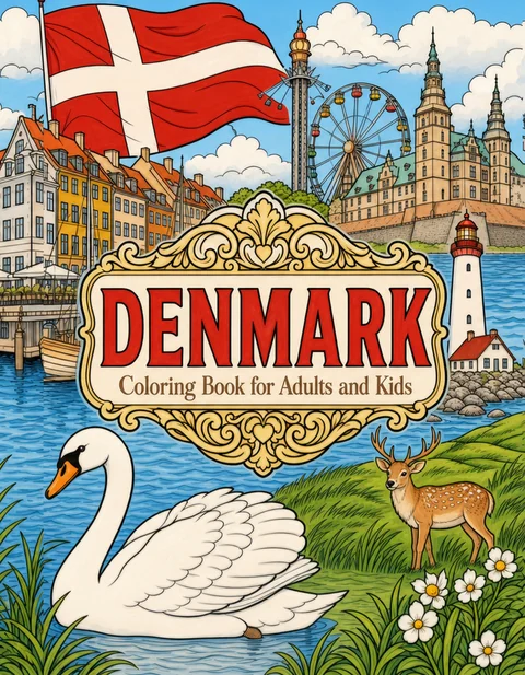 Denmark Coloring Book for Adults cover illustration by Louisa May Carson