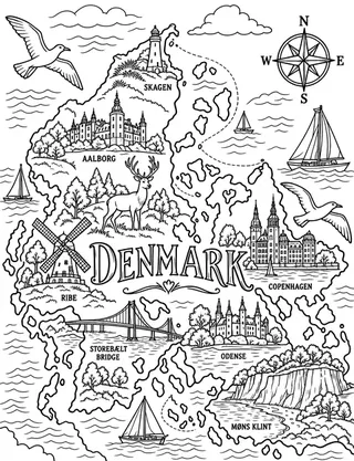 Illustrated travel map of Denmark landmarks and attractions
