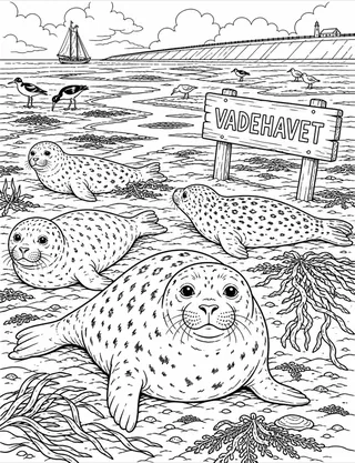 Detailed coloring page of Wadden Sea harbor seals featuring Vadehavet sign