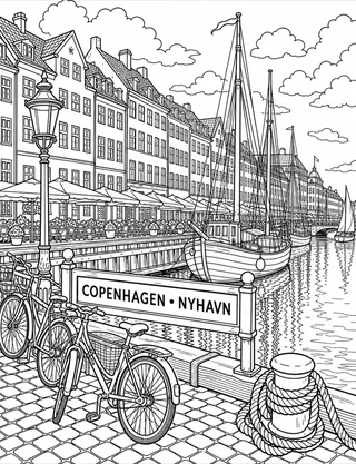 Detailed coloring page of Copenhagen Nyhavn canal featuring Copenhagen • Nyhavn sign
