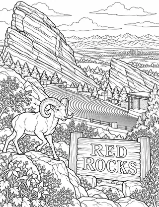 Detailed coloring page of Red Rocks Amphitheatre and Sandstone Monoliths featuring Red Rocks sign