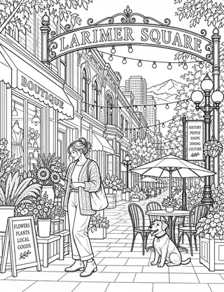 Detailed coloring page of Historic Larimer Square Victorian District featuring Larimer Square sign