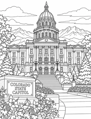 Detailed coloring page of Colorado State Capitol and Gold Dome featuring Colorado State Capitol sign