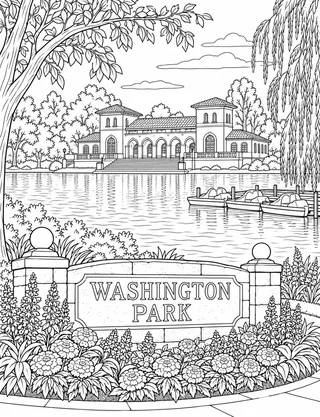 Detailed coloring page of Washington Park Boathouse and Smith Lake featuring Washington Park sign