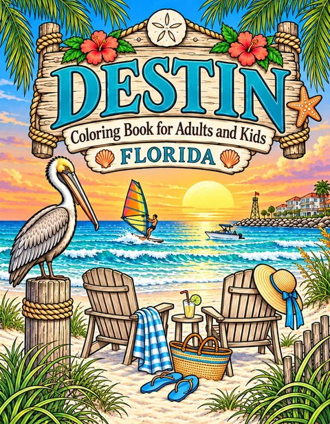 Destin Coloring Book for Adults cover illustration by Louisa May Carson