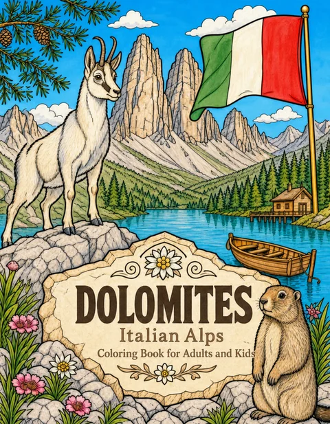 Dolomites Coloring Book for Adults cover illustration by Louisa May Carson