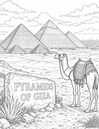 Pyramids Of Giza Egypt coloring page with detailed line art