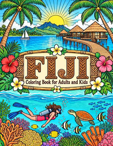 Fiji Coloring Book for Adults cover illustration by Louisa May Carson