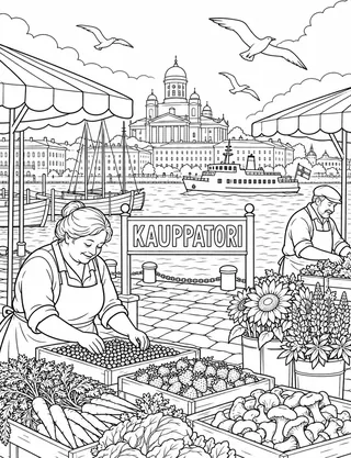 Detailed coloring page of Helsinki harbor market morning featuring Kauppatori sign