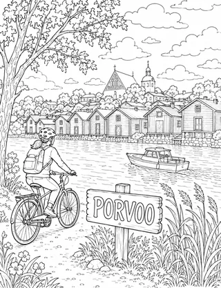 Detailed coloring page of Turku riverside and castle featuring Turku sign
