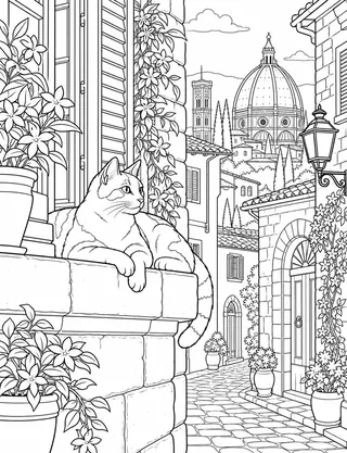 Detailed coloring page of Oltrarno-cat-historic-lane