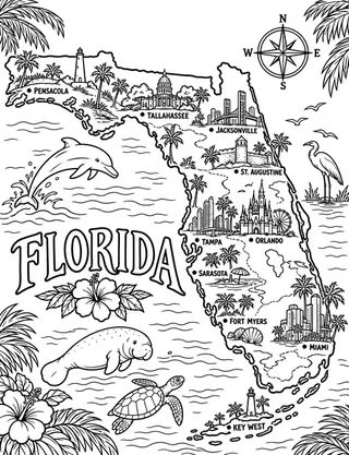 Illustrated travel map of Florida landmarks and attractions
