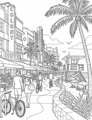 Detailed coloring page of South Beach Art Deco streetscape featuring South Beach sign